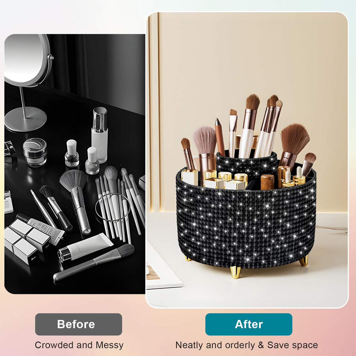 Diesisa Bling Diamond 360° Makeup Brush Holder showing 5 compartments