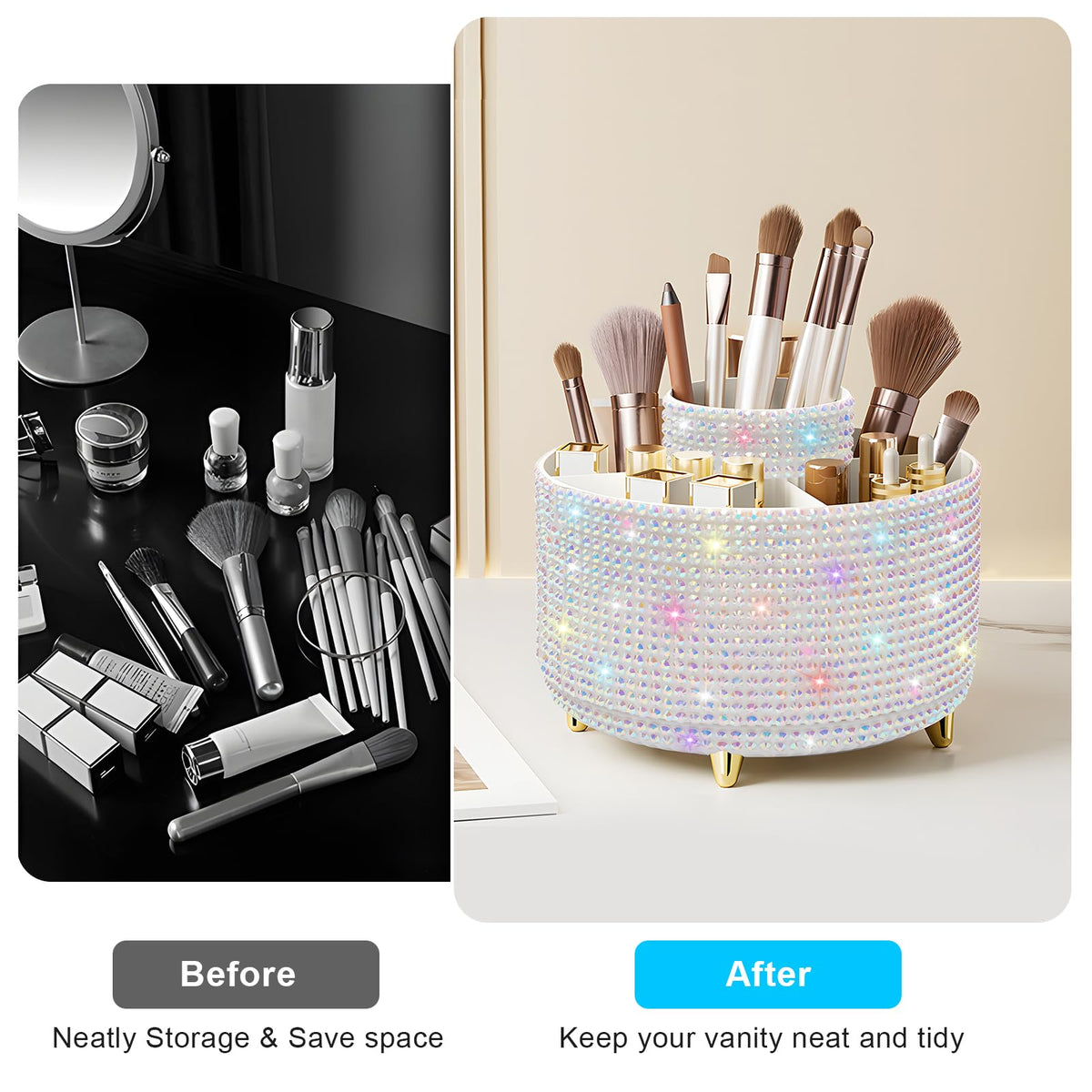 Diesisa Bling Diamond 360° Makeup Brush Holder side view showing compartments