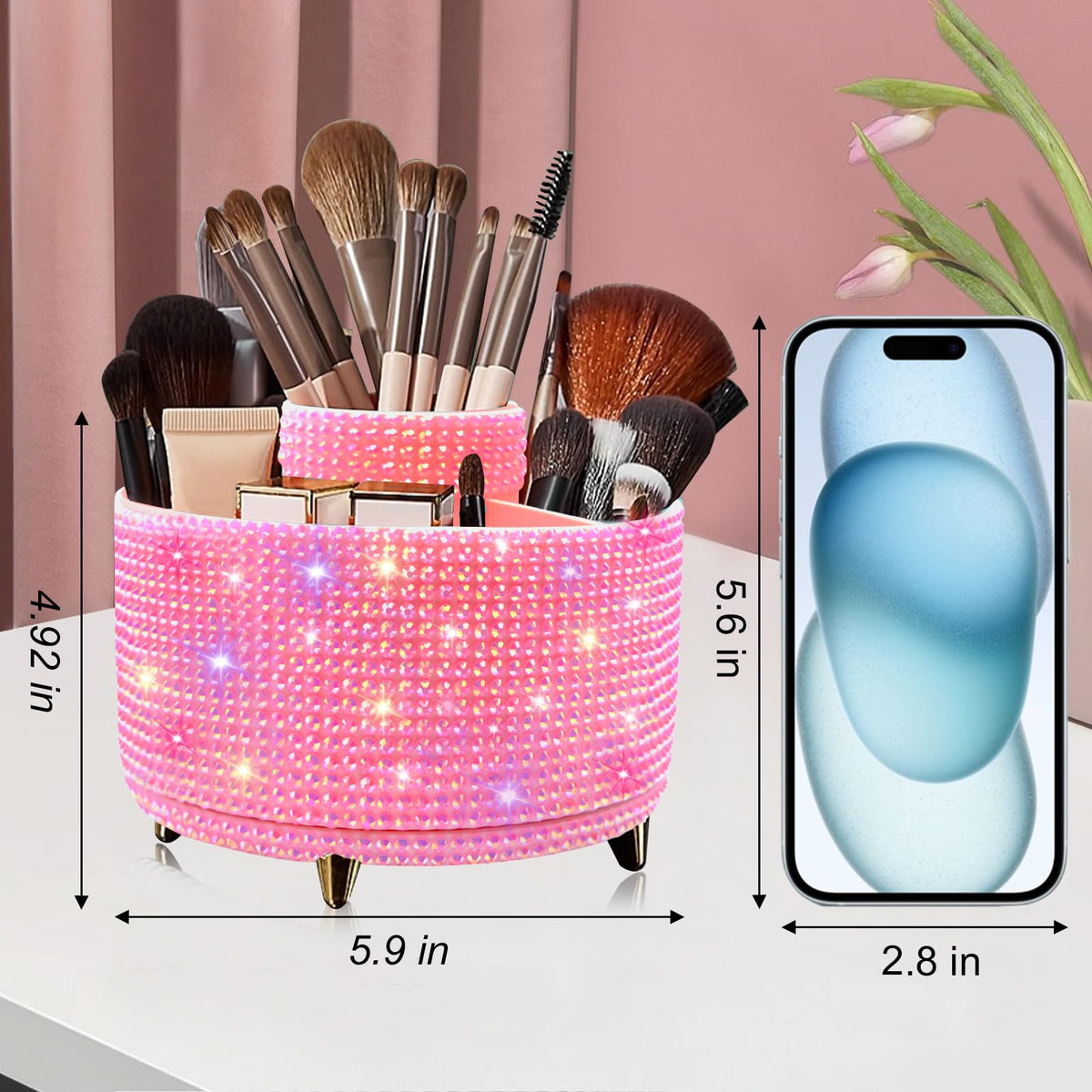 Diesisa Bling Diamond 360° Makeup Brush Holder with makeup brushes and lipsticks