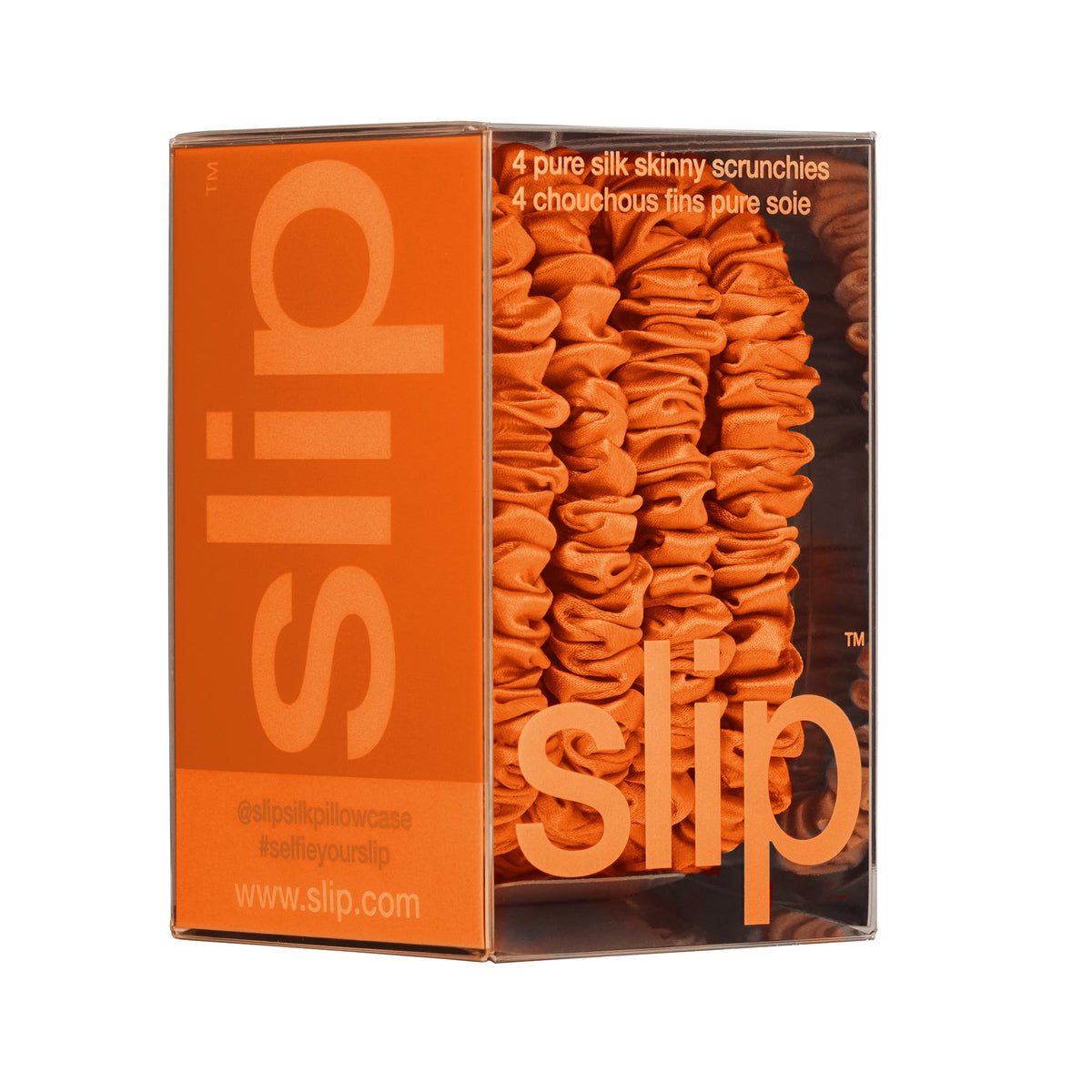 Different angles of SLIP Skinny Silk Scrunchies in orange