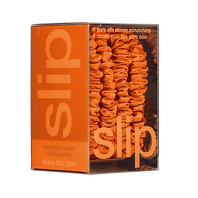 Different angles of SLIP Skinny Silk Scrunchies in orange