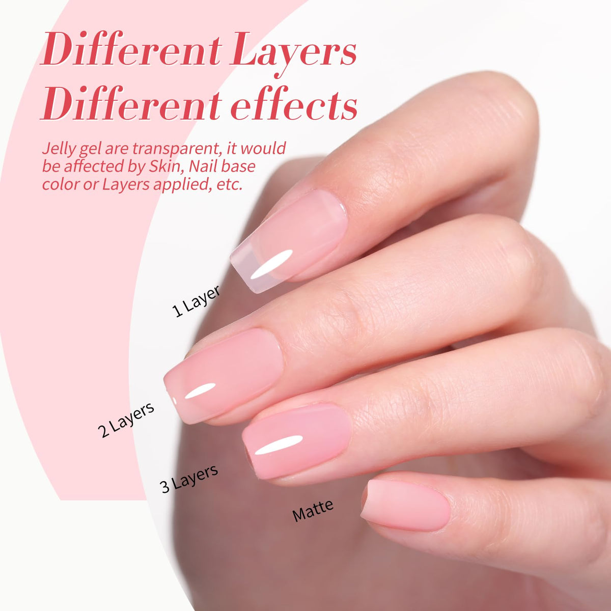 Different layers of Born Pretty Jelly Nude Pink Gel Nail Polish
