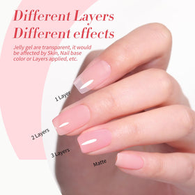 Different layers of Born Pretty Jelly Nude Pink Gel Nail Polish