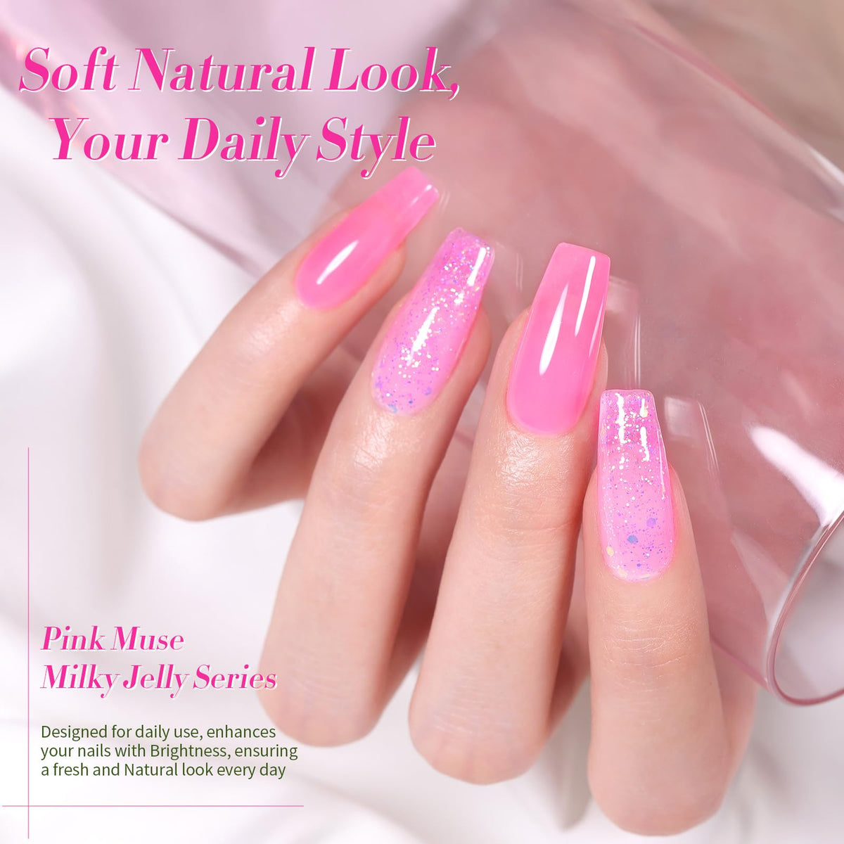 Different layers of Born Pretty jelly pink gel polish on nails