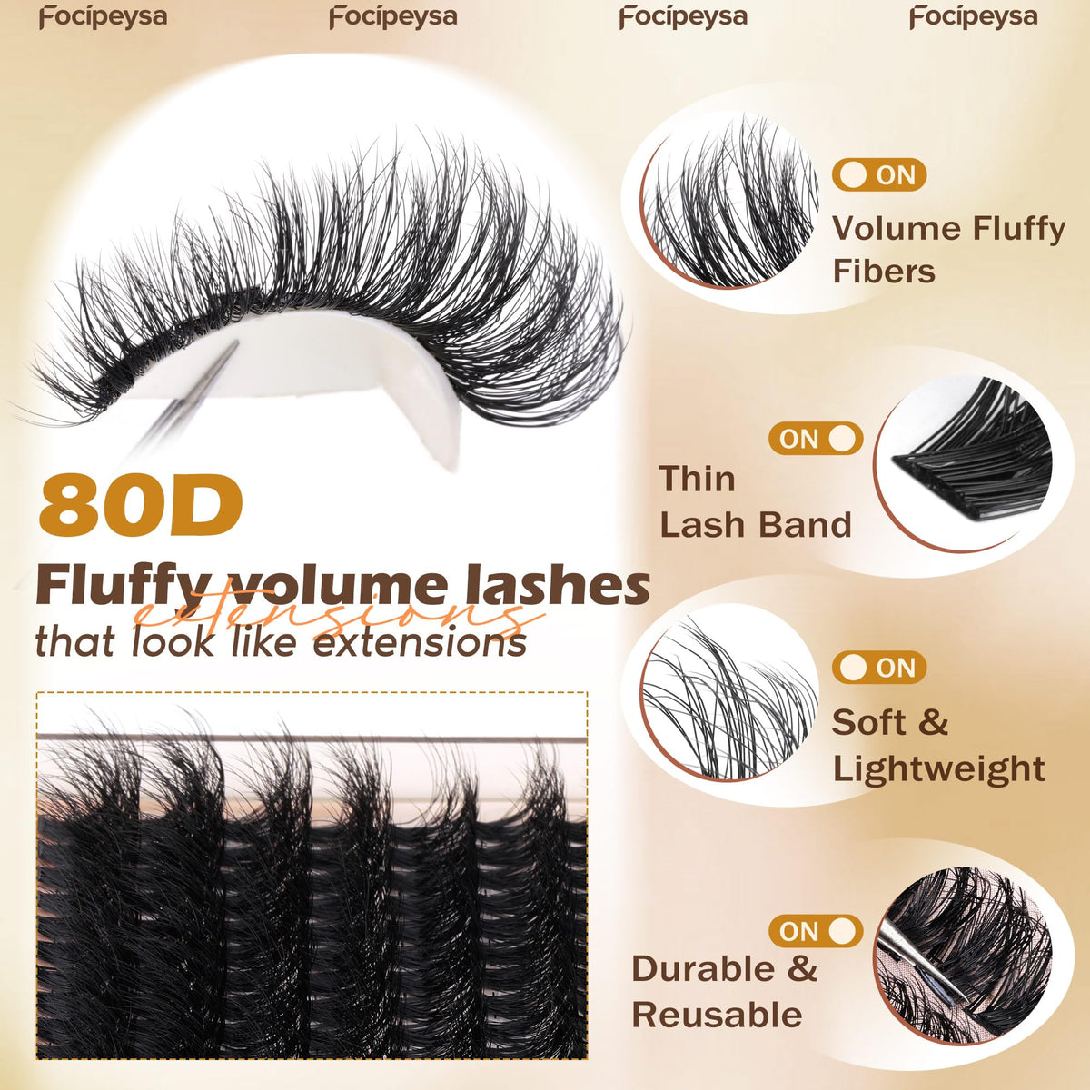 Different lengths of Focipeysa eyelash clusters displayed