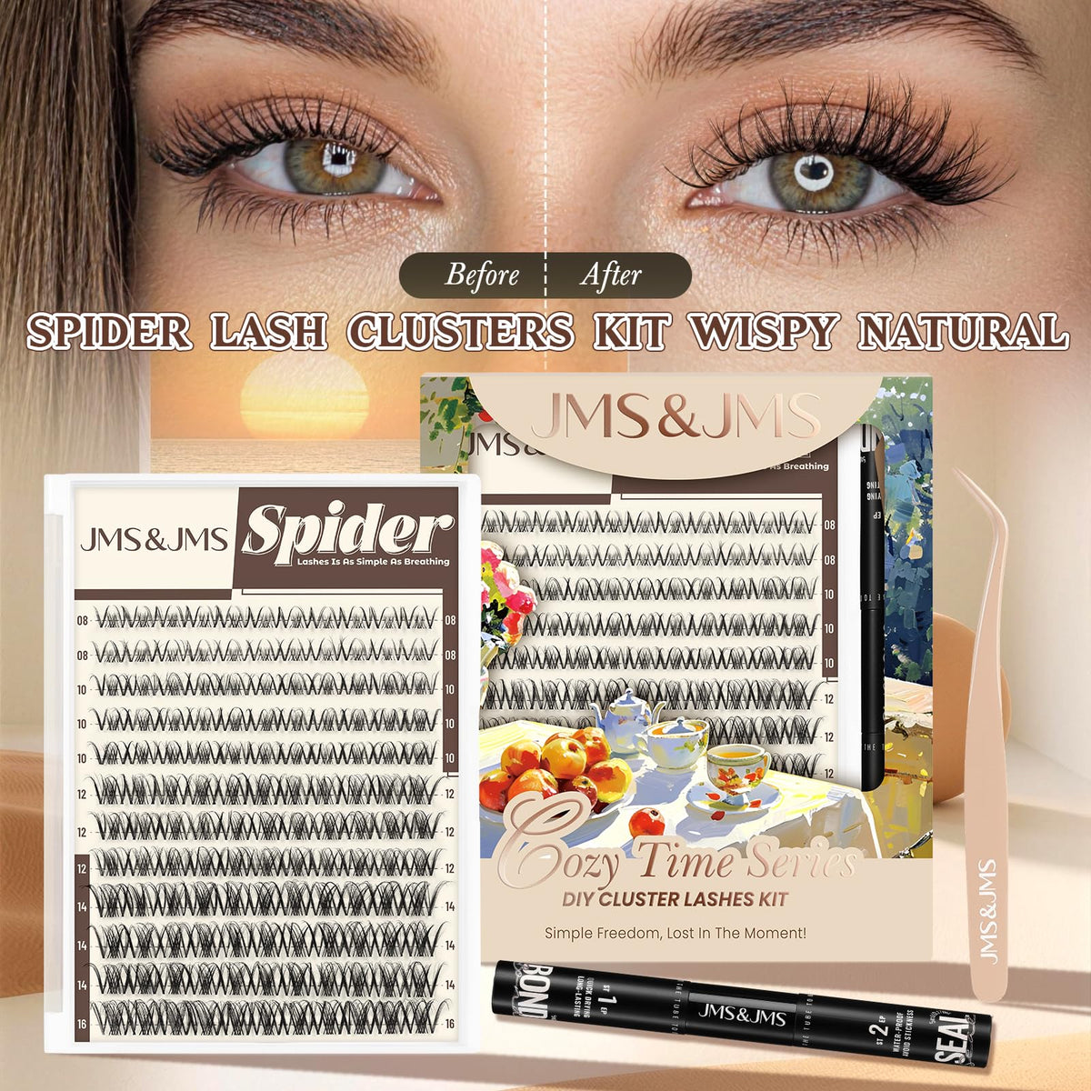 Different lengths of JMS&JMS spider lashes displayed on a surface