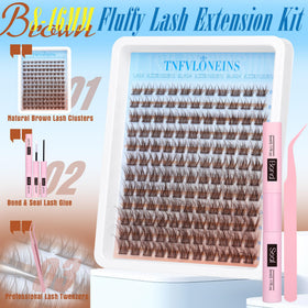 Different lengths of TNFVLONEINS brown lash clusters laid out