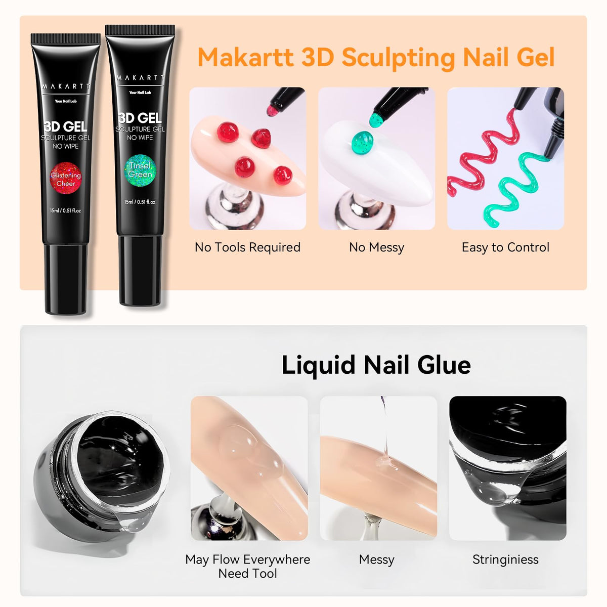 Different nail designs made with Makartt 3D Nail Gel