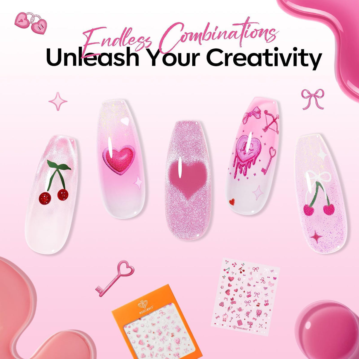 Different shades of modelones pink gel polish displayed