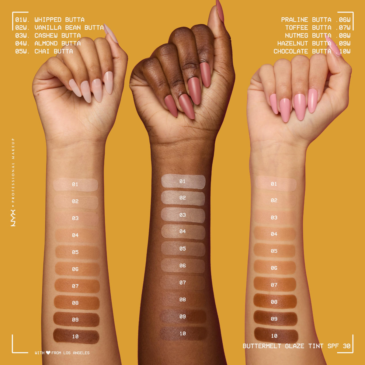 Different shades of NYX Buttermelt Glaze Skin Tint