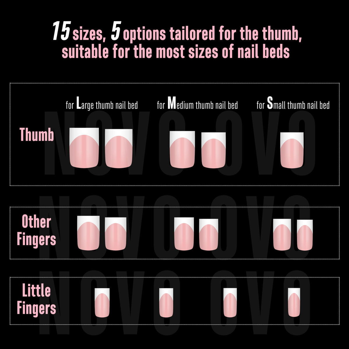 Different shapes of NOVO OVO nail tips including coffin and stiletto