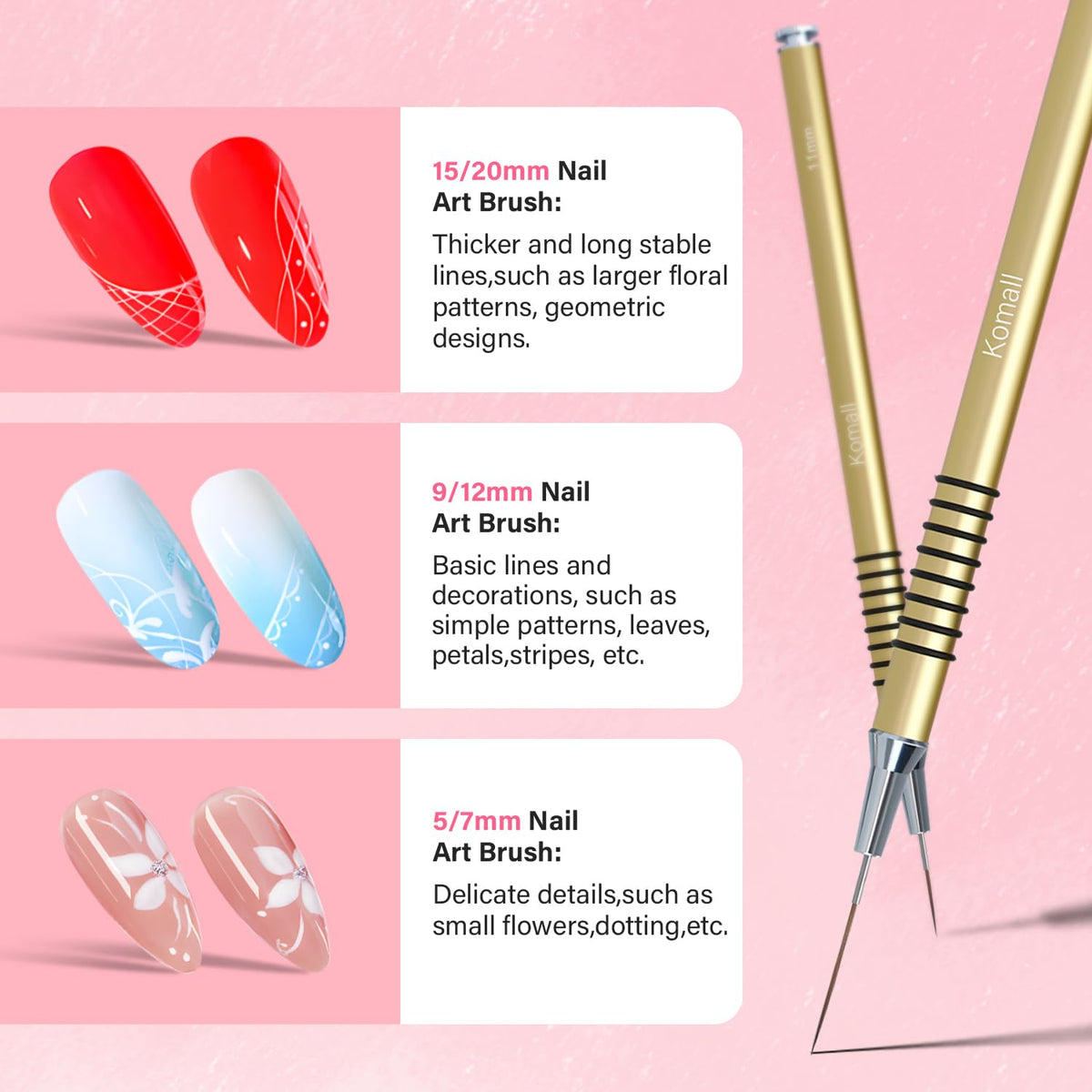 Different sizes of Komall Nail Art Brushes on a table