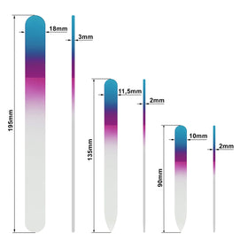 Different sizes of Mont Bleu glass nail files laid out