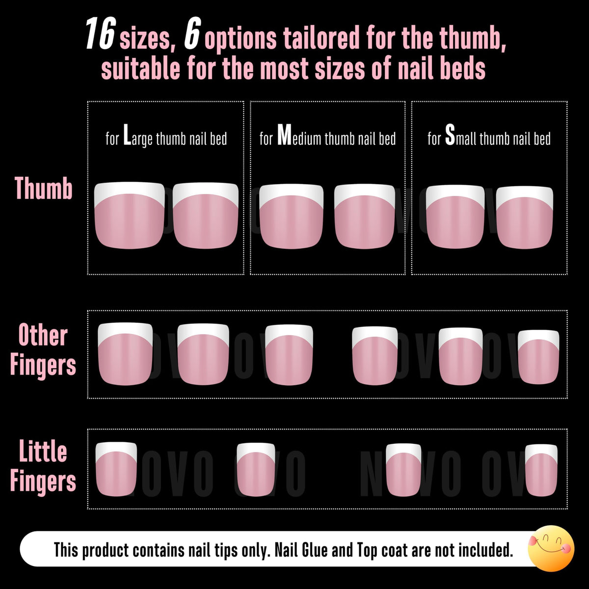 Different sizes of NOVO OVO Extra Short French Tip Nail Tips displayed