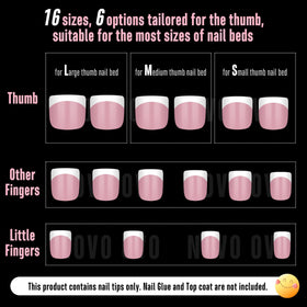 Different sizes of NOVO OVO Extra Short French Tip Nail Tips displayed
