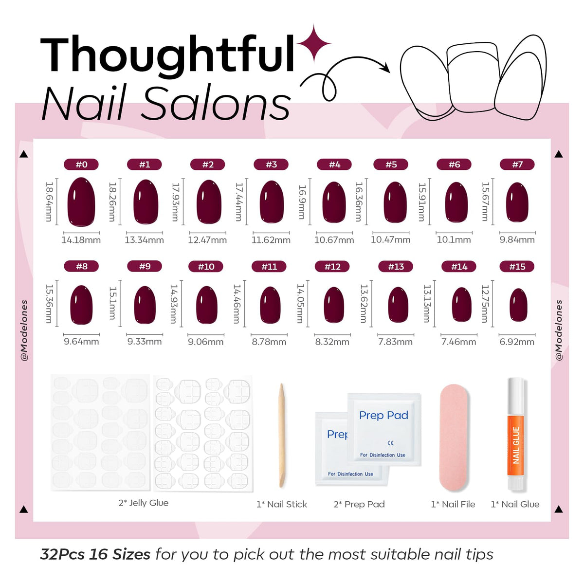 Different styles of modelones press on nails displayed