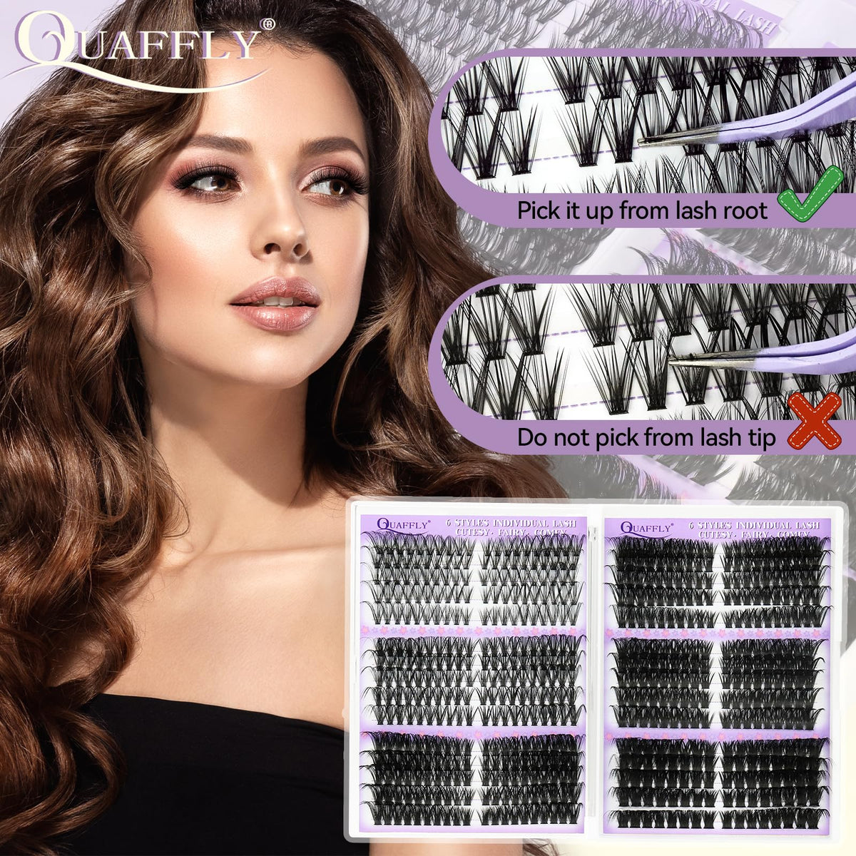 Different styles of QUAFFLY false eyelashes displayed