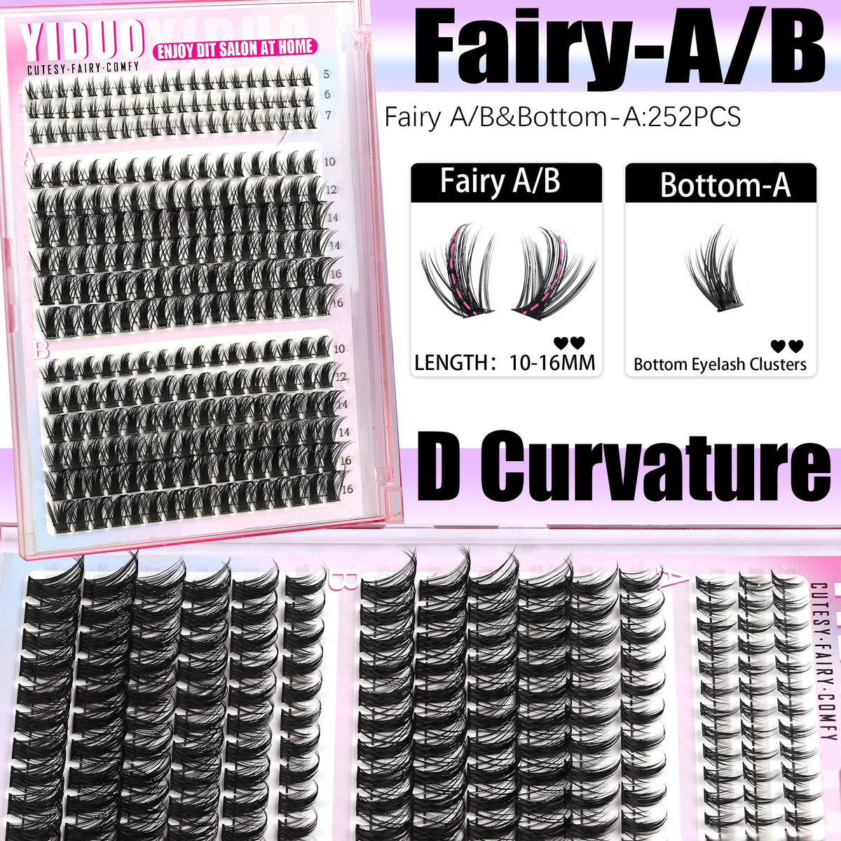 Different styles of YIDUO lash clusters displayed in kit