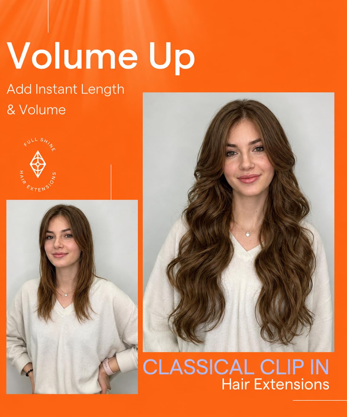 Different widths of Full Shine clip-in extensions for styling flexibility