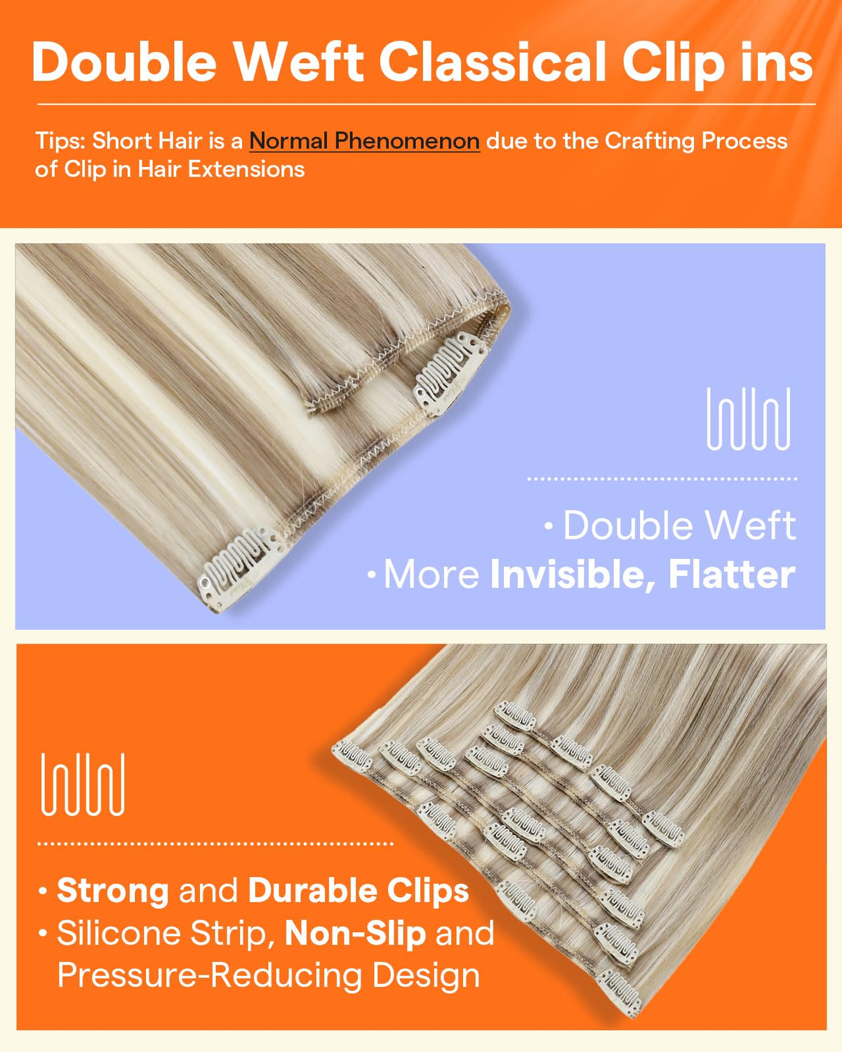 Different widths of Full Shine clip-in extensions laid out