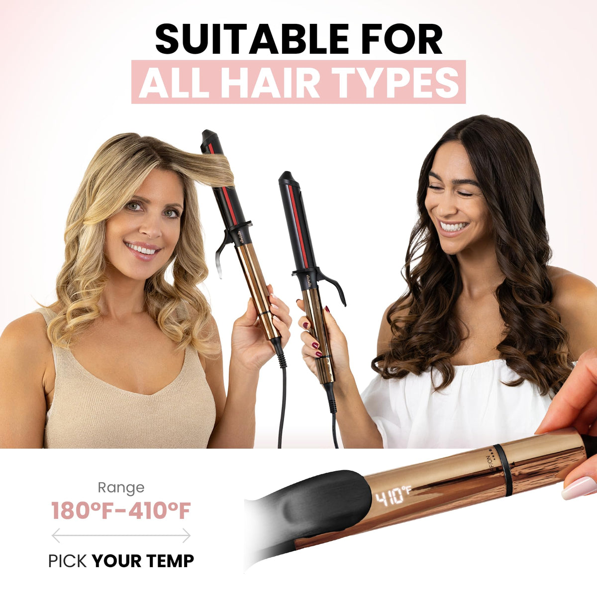 Digital display of ELLA BELLA curling iron showing temperature settings