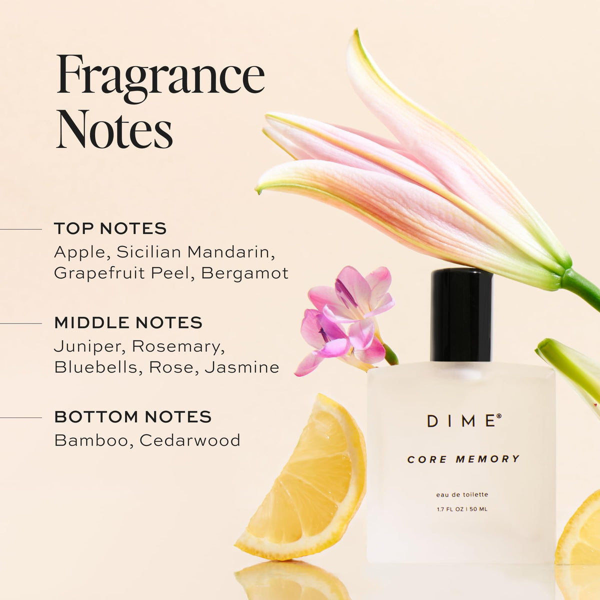 DIME Core Memory Perfume bottle with citrus background