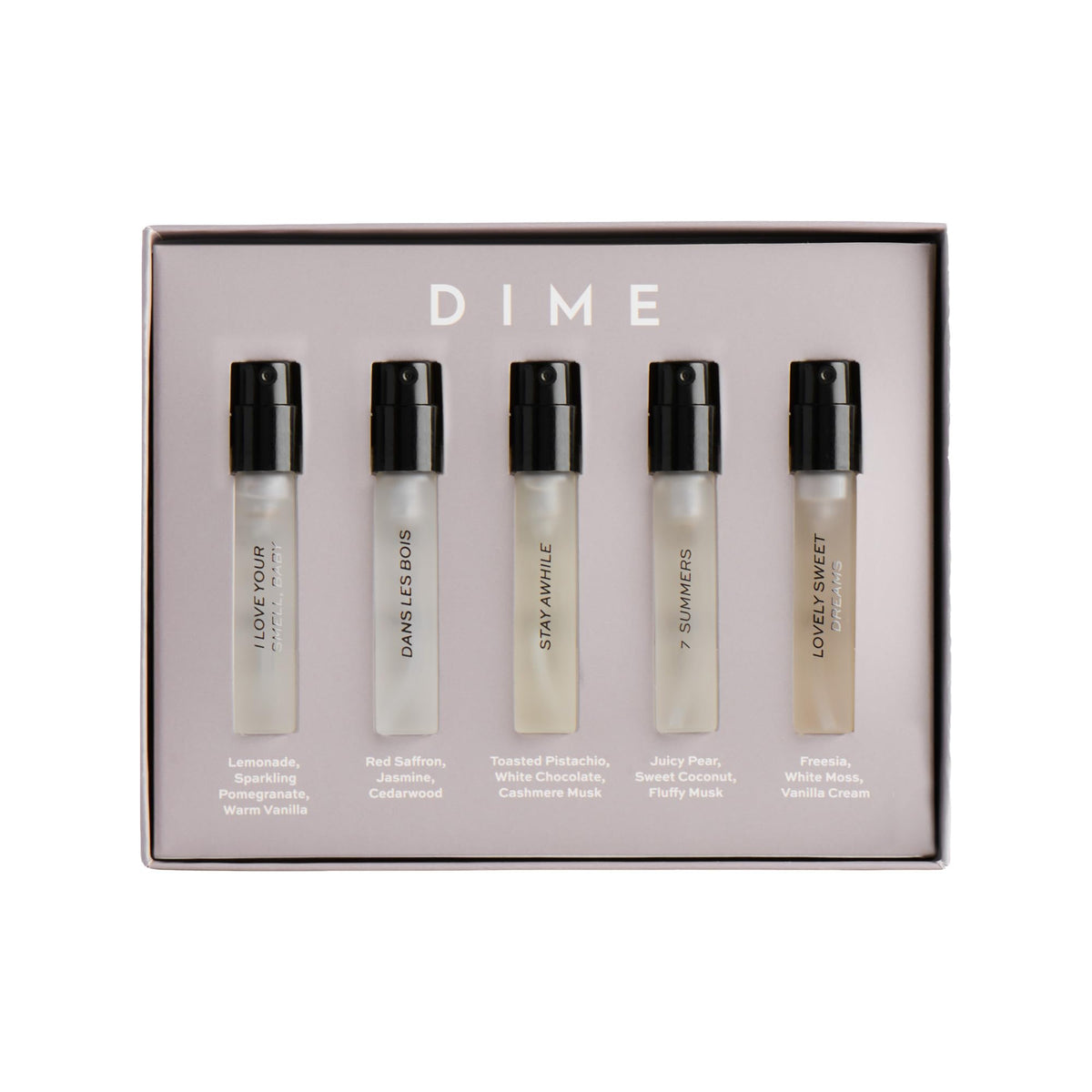 DIME Perfume Sampler Set of 5 with fragrance bottles