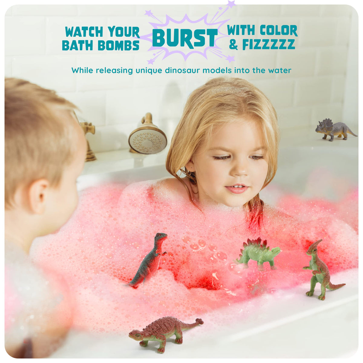 Dino Egg Bath Bombs in a bathtub with water fizzing