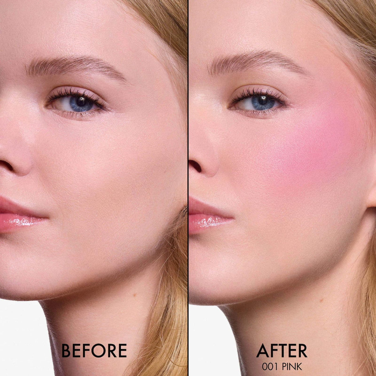 Dior Rosy Glow Blush 001 Pink applied on model's cheeks