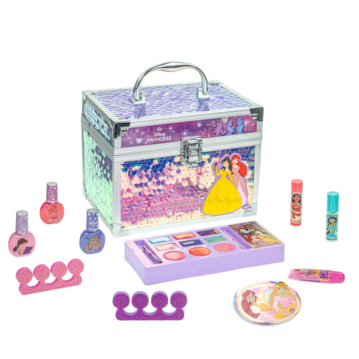 Disney Princess Train Case Beauty Set front view with various makeup items