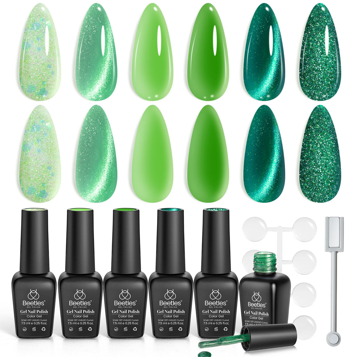 Display of all six mint green shades in beetles gel polish set
