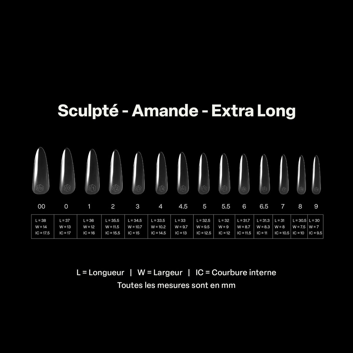 Display of APRÉS Gel-X Almond nail tips in different sizes