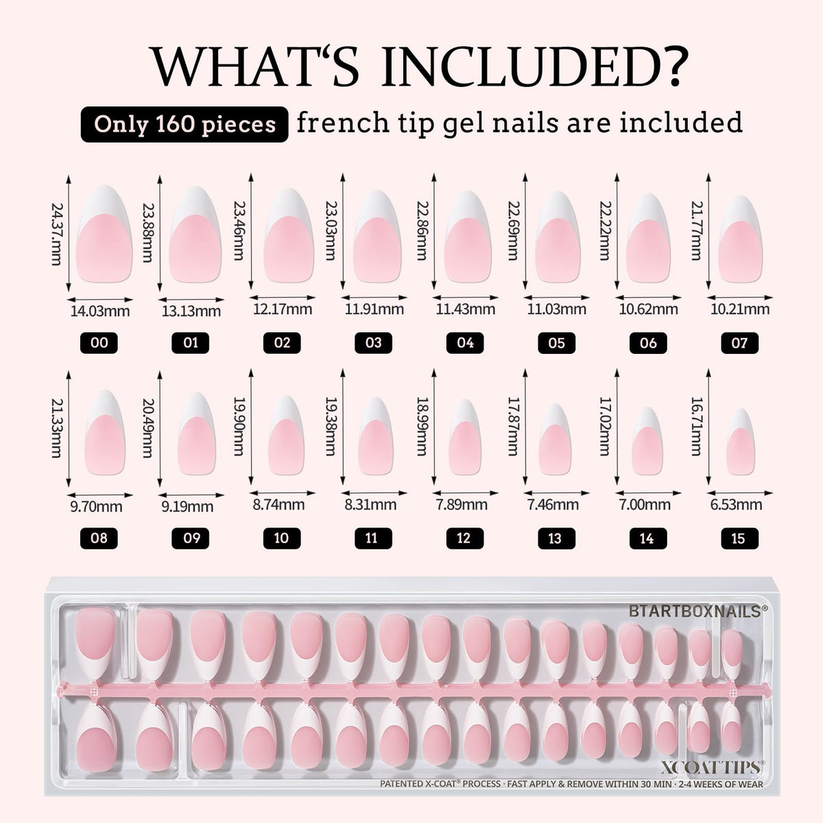 Display of BTARTBOXNAILS White French Tip Press On Nails sizes