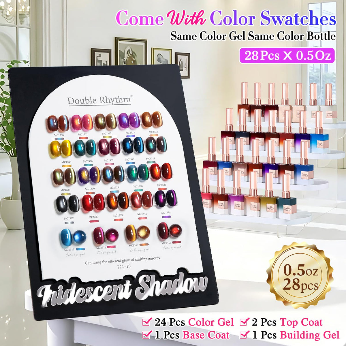 Display of Double Rhythm gel nail polish set including base and top coat