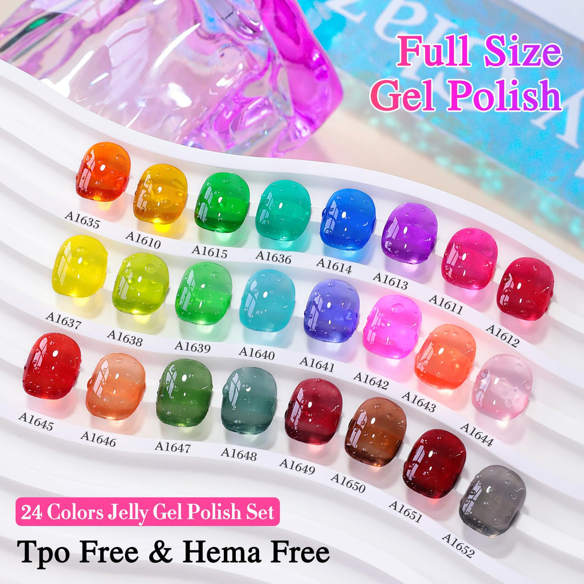 Display of Double Rhythm gel nail polish set with base and top coat
