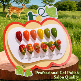 Display of Double Rhythm Gel Polish bottles with tangerine amber