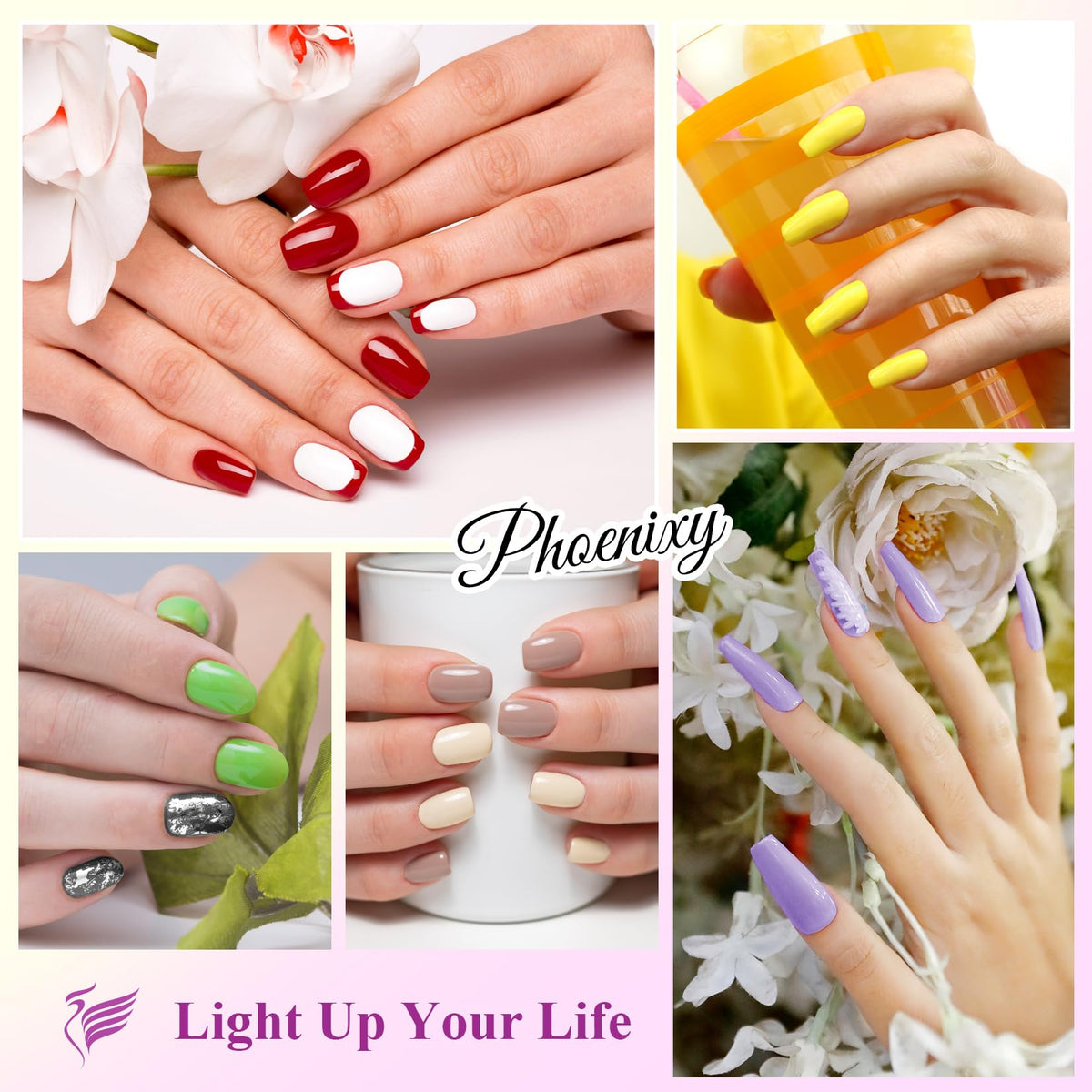 Display of Phoenixy gel nail polish set with vibrant colours