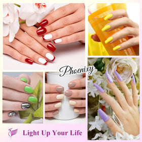 Display of Phoenixy gel nail polish set with vibrant colours