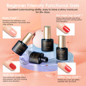 Display of ROSALIND 4 no-wipe top coats including glossy and matte