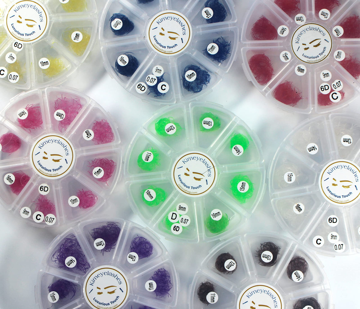 Display of various lengths of premade lash fans for application