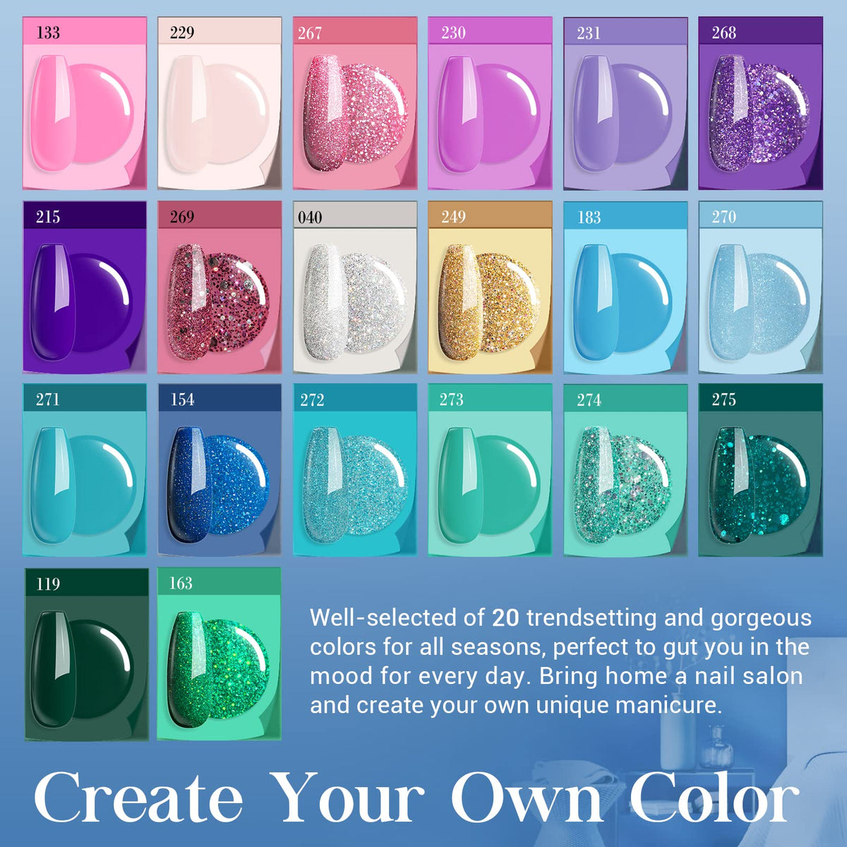 Display of various nail dip powder colours