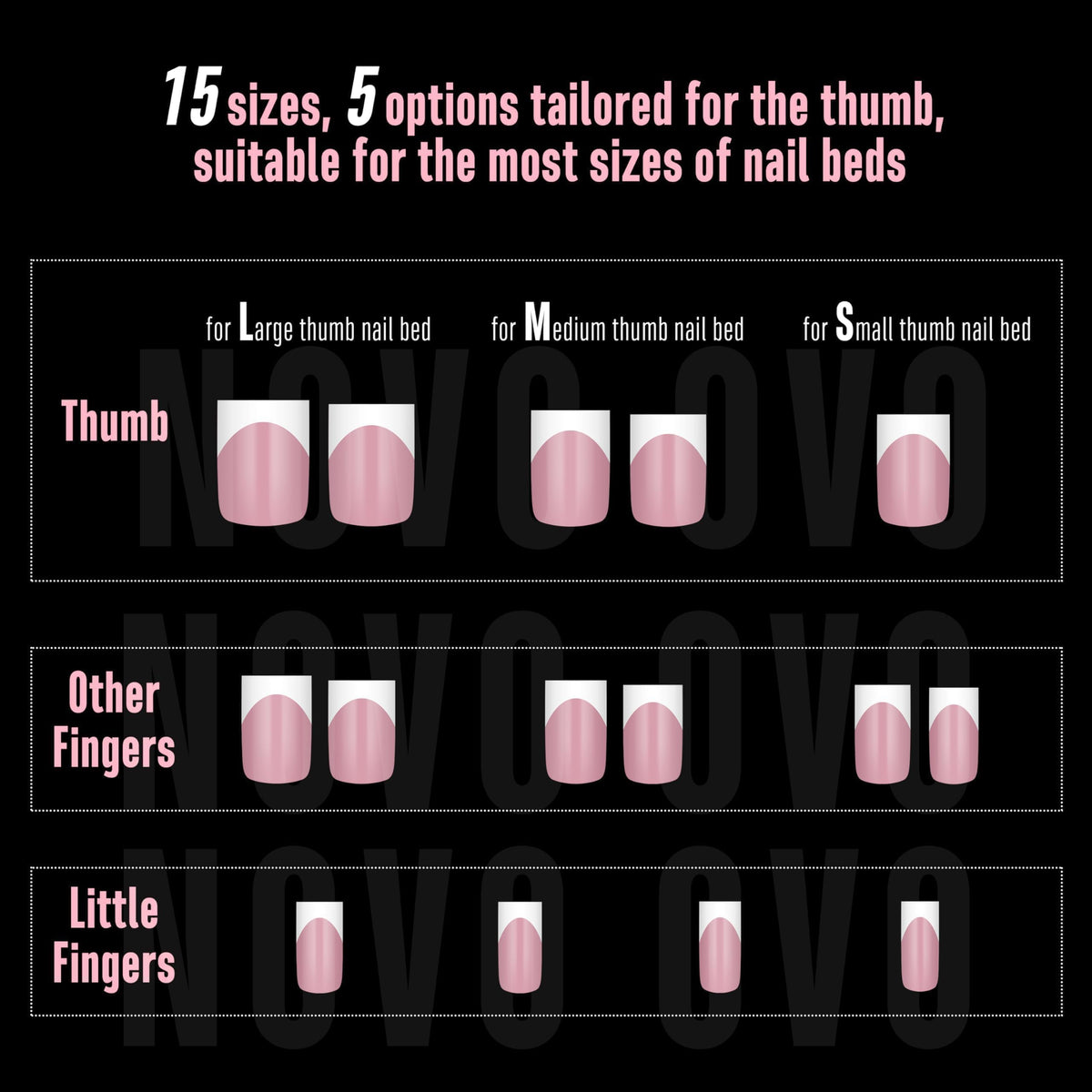 Diverse shapes of NOVO OVO nail tips displayed