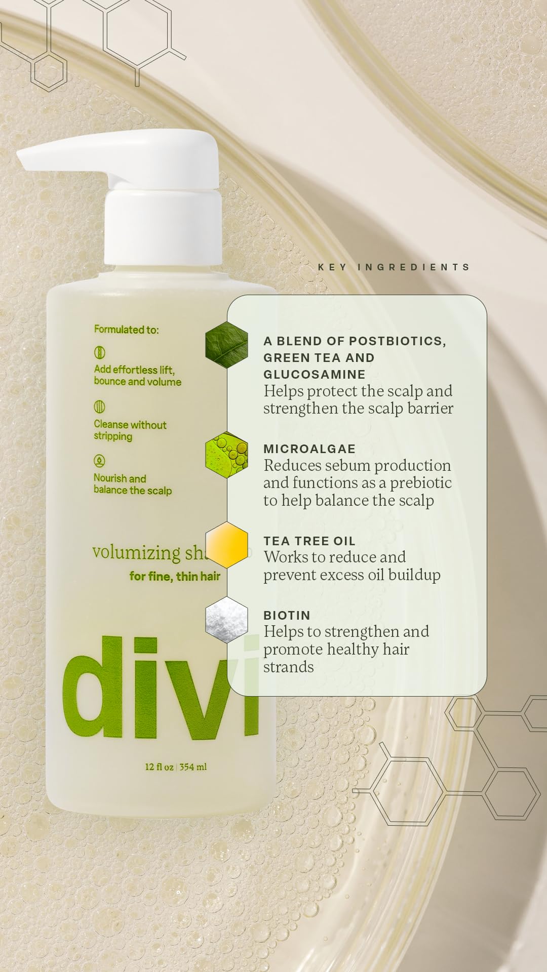 divi Volumizing Conditioner with rice protein ingredient close-up