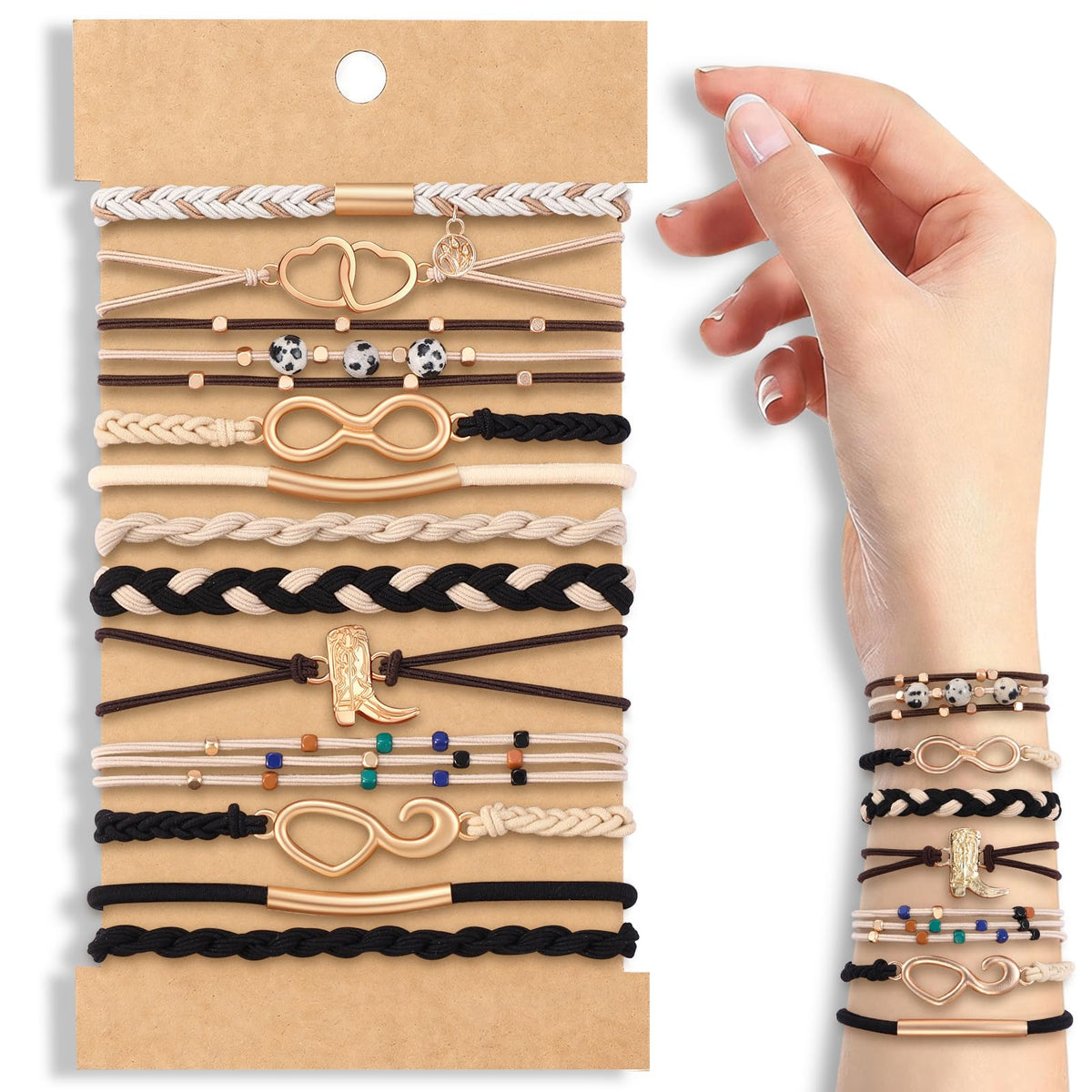 DIYDEC Boho Hair Ties Bracelet Set 12pcs in black and white