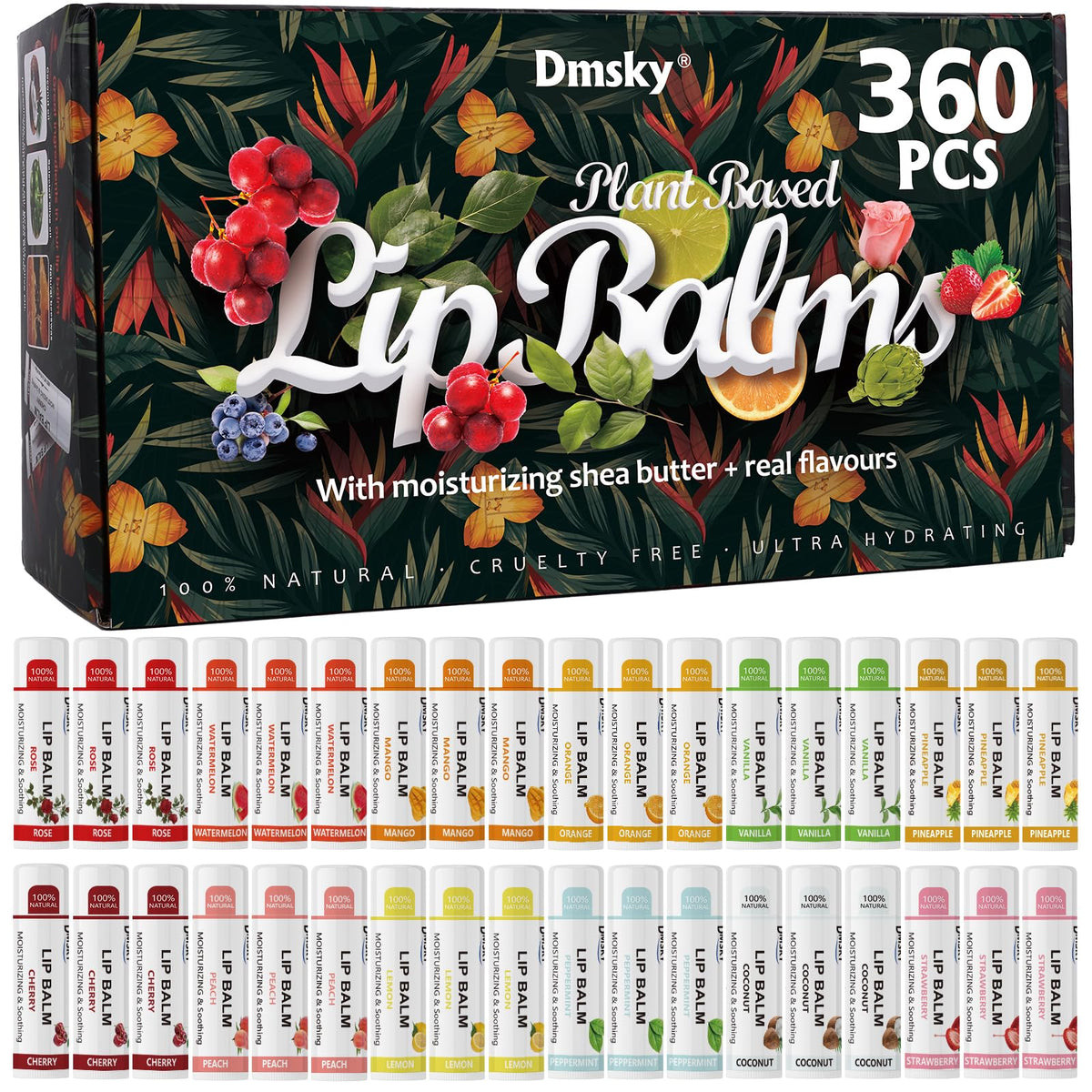 Dmsky Lip Balm Bulk Fruit Variety Pack front view with assorted flavours