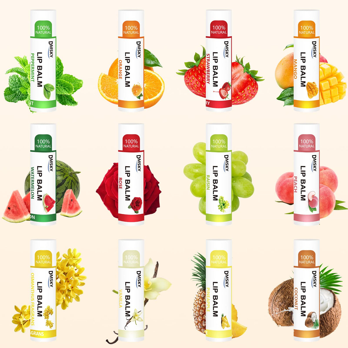 Dmsky lip balm tubes in various flavours including Strawberry and Watermelon