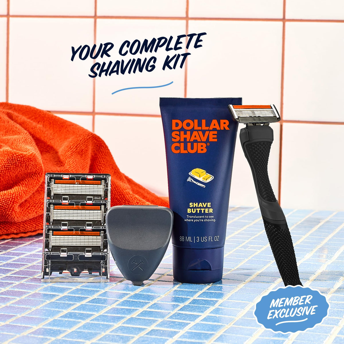 Dollar Shave Club Shave Butter 3 oz tube next to razor