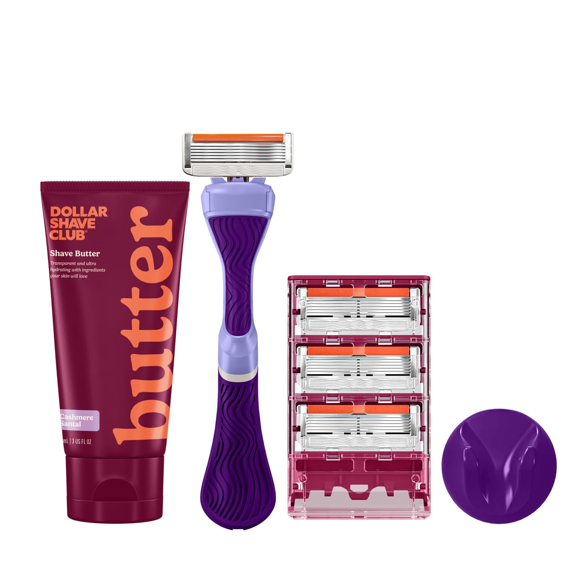 Dollar Shave Club Women's Premium Shave Kit with purple handle and shave butter