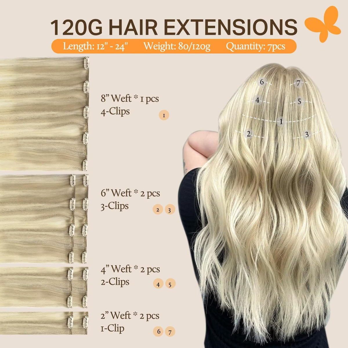 DOORES Clip in Hair Extensions 120g close-up of clips