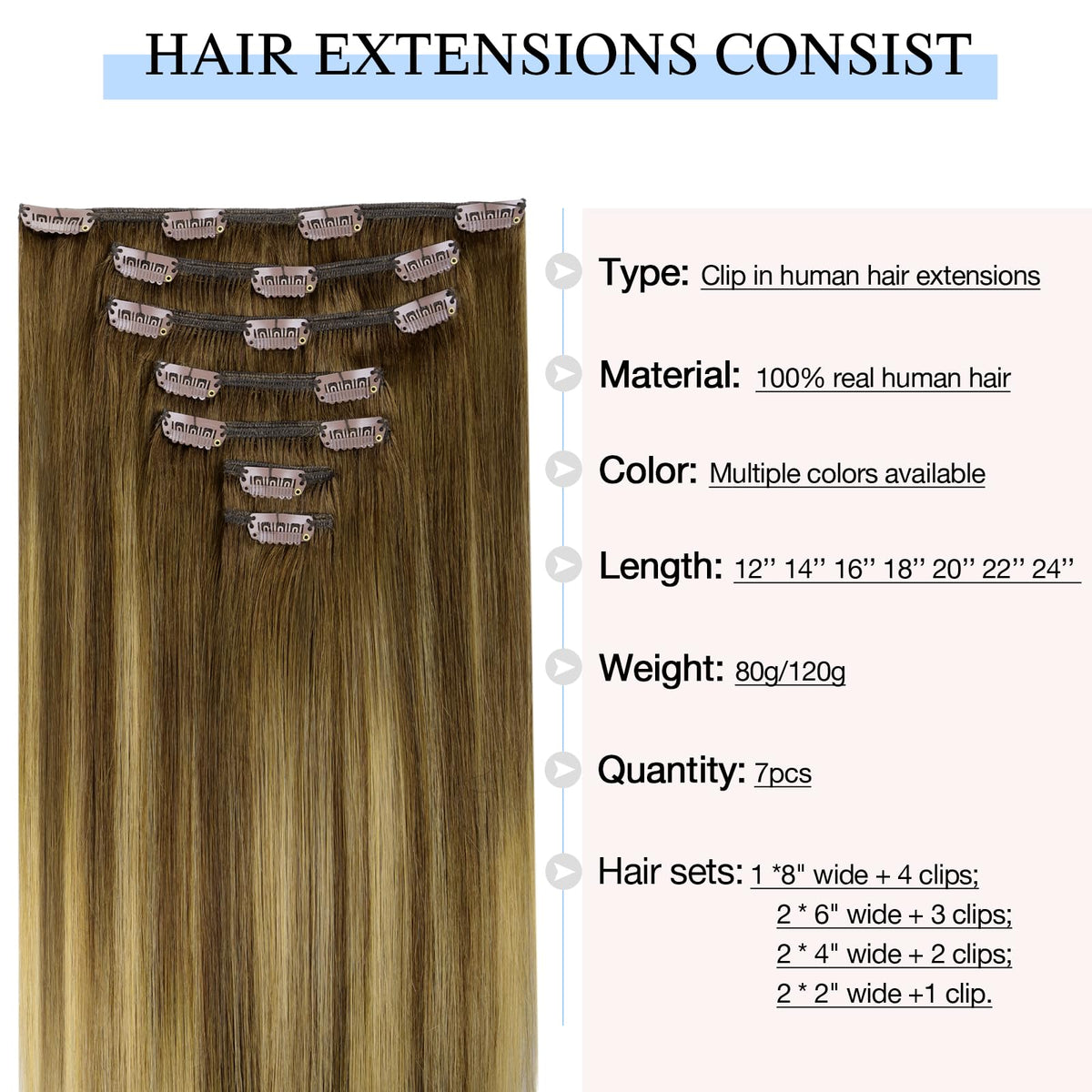 DOORES Clip in Hair Extensions 120g close-up of clips